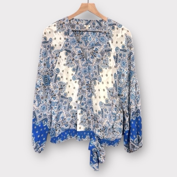 Reba Tops - Reba Paisley Faux Wrap Lined Long Sleeve Blue Top Size Large